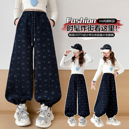 蜜蜜兔&蜜蜜兔&A6666女童加绒加厚拼接印花束脚裤冬款