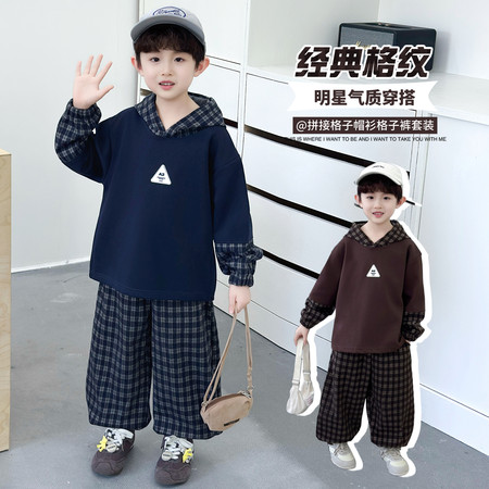 酷派熊&酷派熊&假两件格子卫衣套装模特图