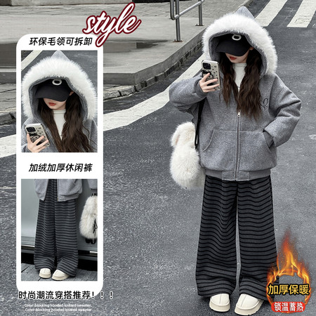 柒禧&柒禧&冬季毛呢夹棉外套条纹裤套装