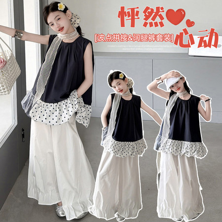 柒禧&柒禧&藏青色波点叠穿套装