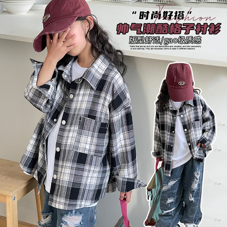 淘家小铺&淘家小铺&TJ-6813黑白格子磨毛衬衫01