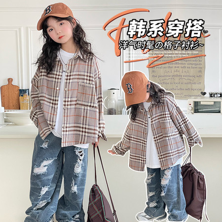 淘家小铺&淘家小铺&TJ-6812春款浅咖色磨毛格子衬衫01