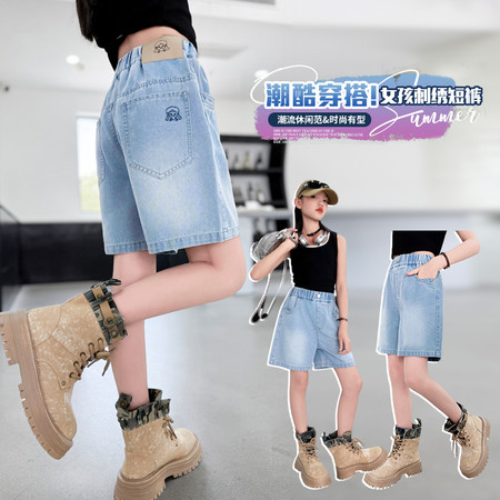 小妤童&小妤童&8811夏季轻薄透气舒适女孩刺绣牛仔短裤