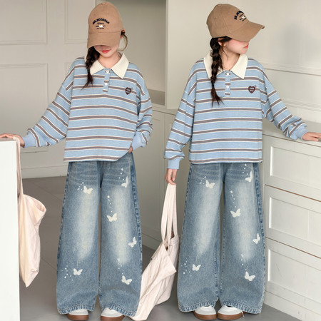 安萌童装&安萌童装&蝴蝶牛仔裤卫衣套装-2606