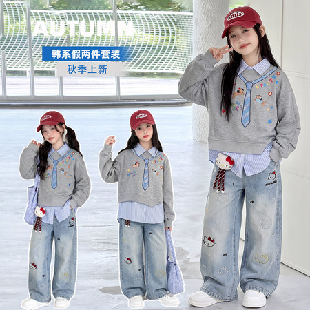 一颗柠檬&一颗柠檬&YKNM819假俩件领带猫咪裤套装