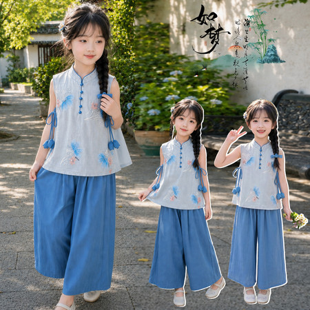 萌呆呆&萌呆呆&新中式5粒扣无袖汉服套装