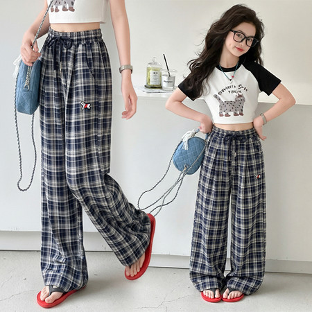 姚开心吖&姚开心吖&XK034韩系百搭小狗天丝格子阔腿裤