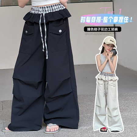 姚开心吖&姚开心吖&CK034美式花边拼接棉布速干弯刀工装裤