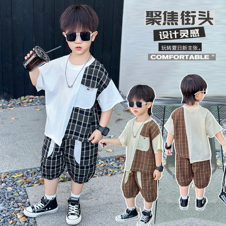 小潮童&小潮童&2518款拼色格子套装模特