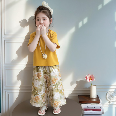 语妮童布&语妮童布&黄色花阔腿裤套装