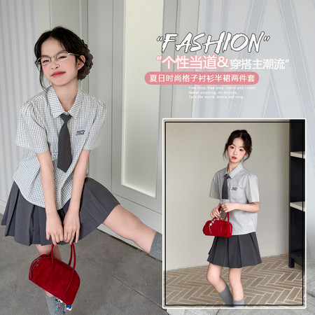 悦贝兔&悦贝兔&9154学院风格子衬衫套装两件套