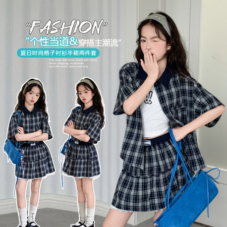 悦贝兔&悦贝兔&9155藏青格子衬衫短裙套装