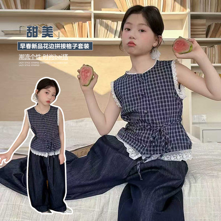 然然宝贝&然然宝贝&2610格子无袖牛仔裤套装