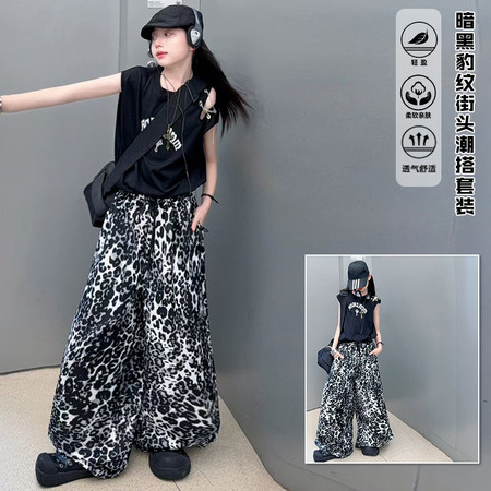 楚小丫&楚小丫&W15潮酷黑色无袖T豹纹印花裤