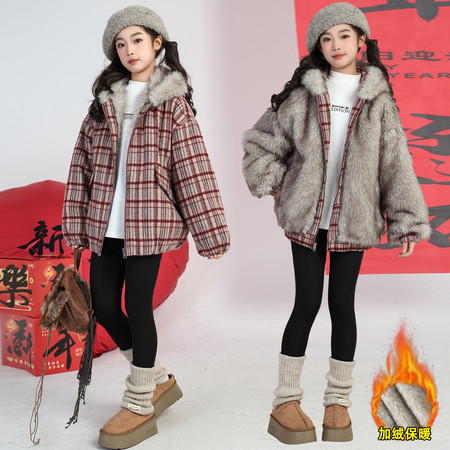 柏怡轩子&柏怡轩子&1389格子呢两面穿长毛外套