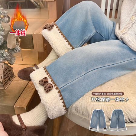 小粉象&小粉象&咖色蝴蝶结牛仔裤加绒