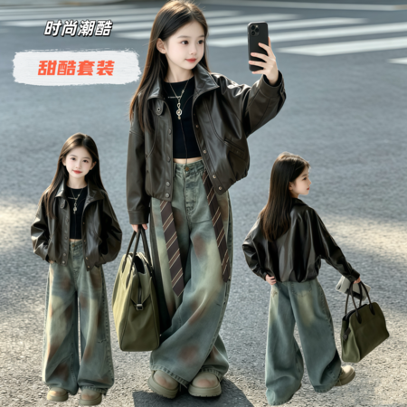 晨星kids&晨星kids&CX-AI咖色皮衣套装