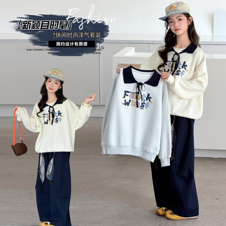 蒙恩小羊&蒙恩小羊&2628款发泡印花藏青裤子套装