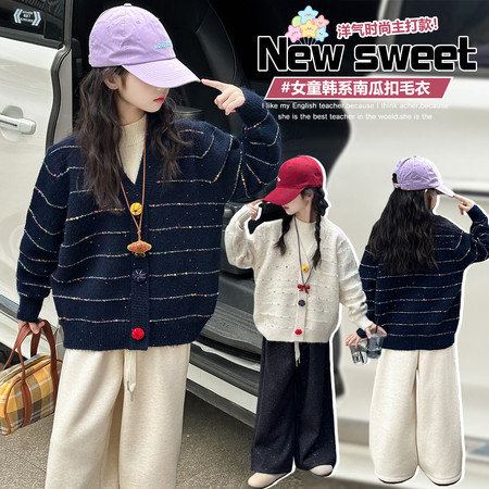 萌宝潮妞&萌宝潮妞&D935南瓜扣毛衣撒银裤两件套