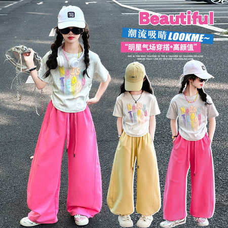 萌宝潮妞&萌宝潮妞&X336烫钻印花潮T撒银裤套装