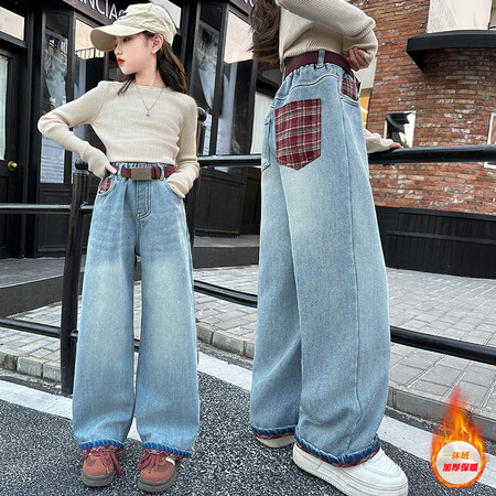 蜗壳童装&蜗壳童装&031款格子边加绒牛仔裤