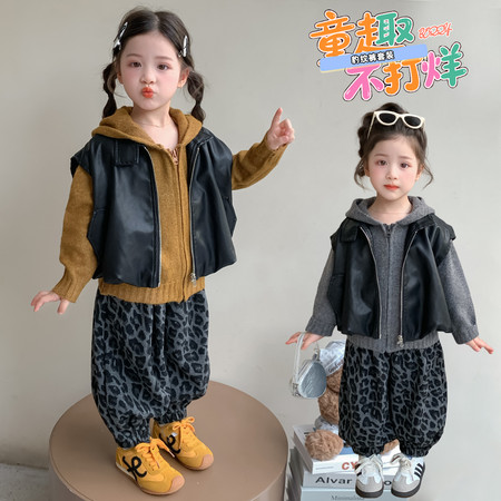 艾宝拉&艾宝拉&豹纹裤子毛衣皮马甲2026春款三件套