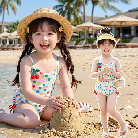 小懒熊&小懒熊&B6212彩虹波点防晒泳衣套装