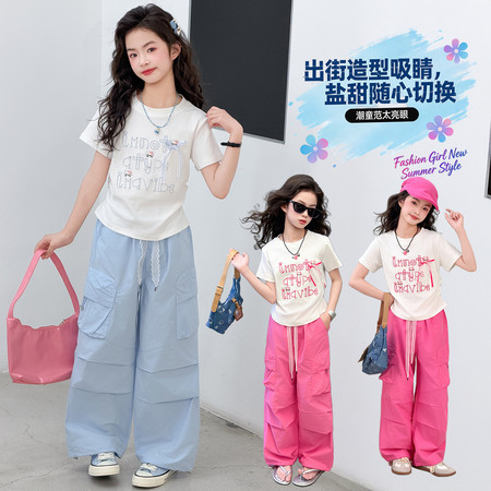 巴啦小妞&巴啦小妞&2609耿绣kt猫抽绳T工装裤套装