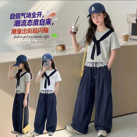 巴啦小妞&巴啦小妞&2511蝴蝶结领带T花边裤套装