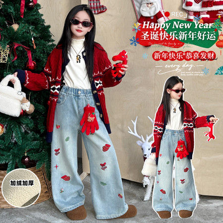 奶柚kids&奶柚kids&NY217款重工卡通刺绣圣诞图案牛仔裤