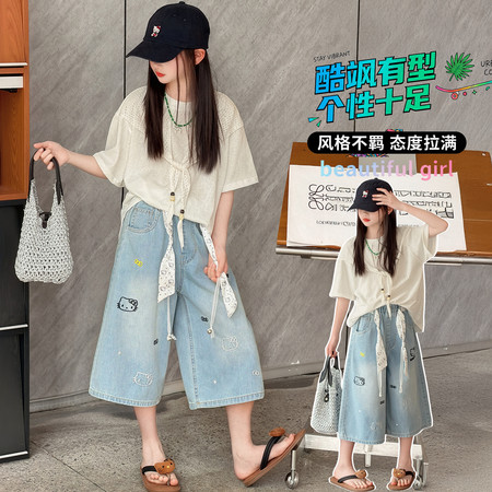 奶柚kids&奶柚kids&NY232款重工Kitty刺绣牛仔中裤