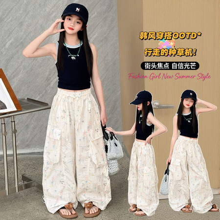 奶柚kids&奶柚kids&NY236款涂鸦满印蝴蝶结星星工装裤