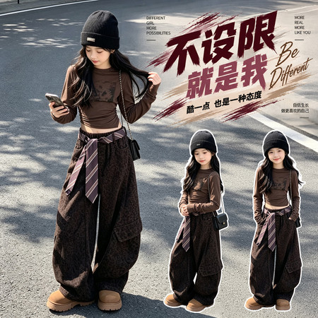 奶柚kids&奶柚kids&NY279款复古豹纹工装裤套装