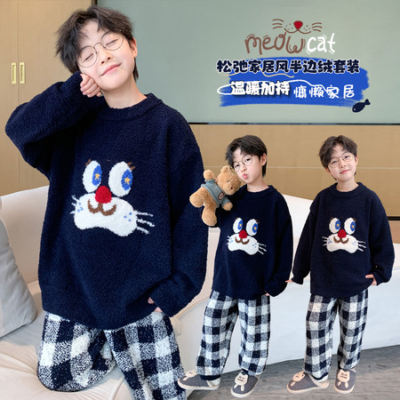 西瓜街&西瓜街&XGJ-SY2587猫咪格子半边绒家居服
