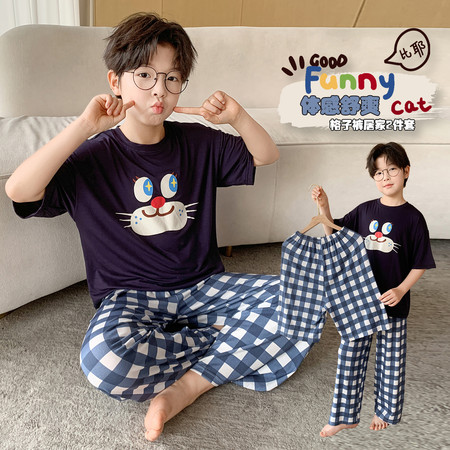 西瓜街&西瓜街&XGJ-TZ2606蓝猫格子裤家居服