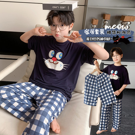 西瓜街&西瓜街&XGJ-TZ2606蓝猫格子裤三件套