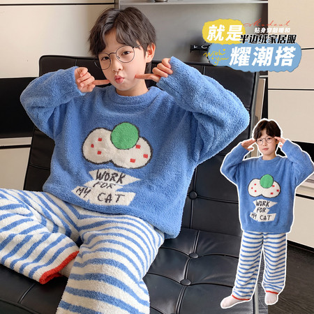 西瓜街&西瓜街&XGJ-2623蓝色Cat半边绒家居服