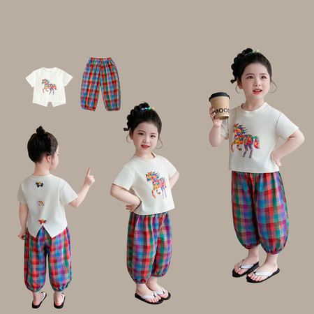 嘟嘟啦&嘟嘟啦&七彩马格子裤套装
