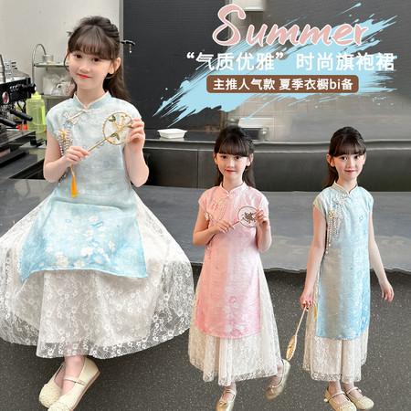 小贝壳&小贝壳&2505新中式花瓣蕾丝拼接旗袍连衣裙