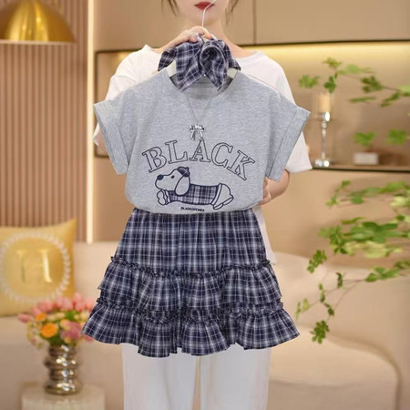 小芒果&小芒果&送头花小狗格子裙套装