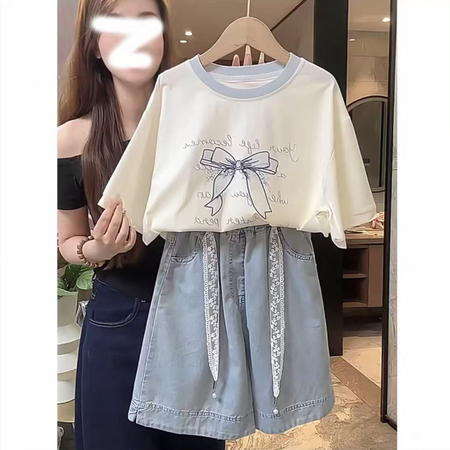小芒果&小芒果&蝴蝶结T恤蕾丝腰带牛仔裤套装