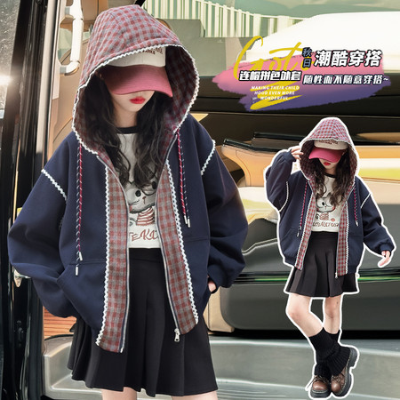 小芒果&小芒果&春秋装蕾丝边连帽格子外套