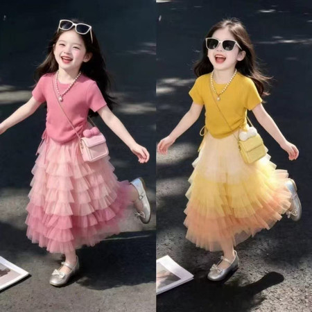 小芒果&小芒果&粉色黄色渐变纱裙套装