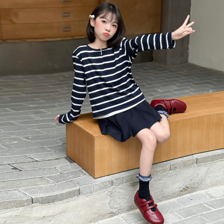 兜欢禧&兜欢禧&25113款女童条纹假两件T恤