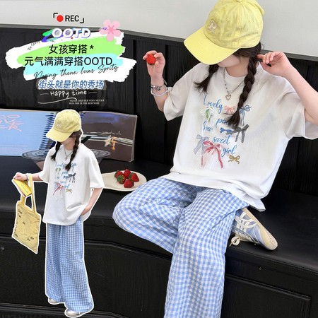 七叶童&七叶童&2631款蝴蝶结格子裤套装