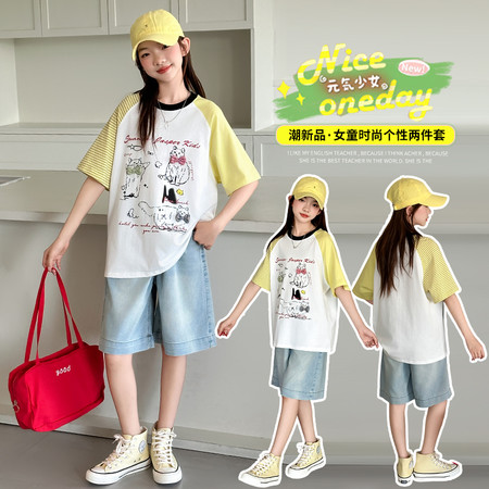 小小咪猫&小小咪猫&AB面插肩T牛仔中裤套装
