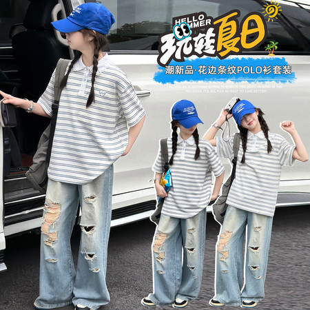 小小咪猫&小小咪猫&花边POLO刺绣衫牛仔套装