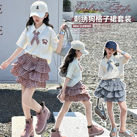 沐斯贝贝·YE&沐斯贝贝·YE&SX66026小狗短袖格子半身裙二件套