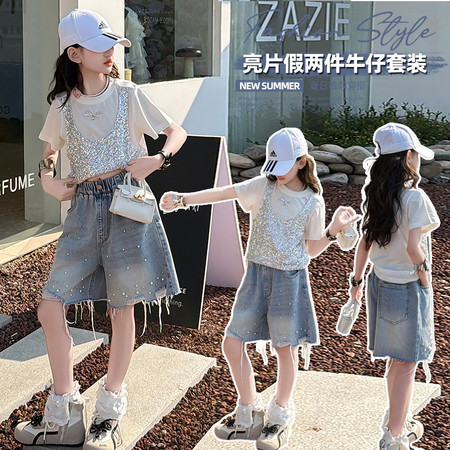 沐斯贝贝·YE&沐斯贝贝·YE&SX66036亮片假两件短袖011牛仔裤