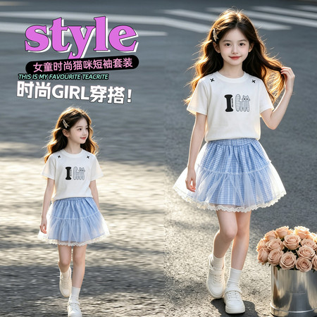 沐斯贝贝·YE&沐斯贝贝·YE&SX66019刺绣猫咪网纱格子裙套装